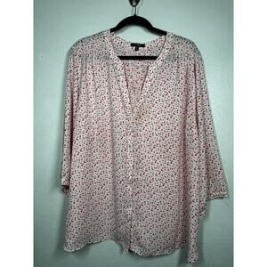 NYDJ Sprinkle Dots Polka Blouse Top White Pink Sz 2X 3/4 Sleeve